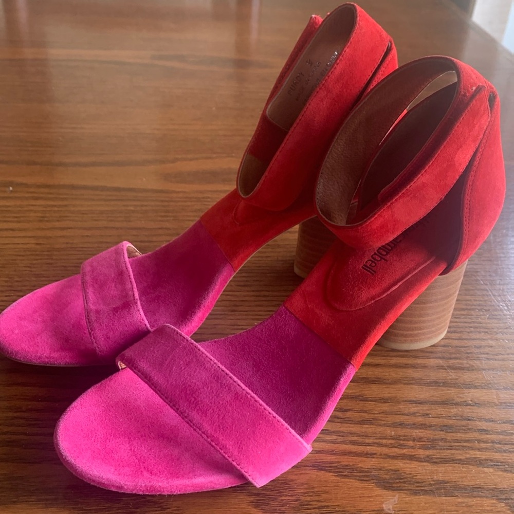 Jeffrey Campbell red/pink suede ankle strap sandals round stacked heel NWT